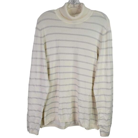 Chicos Striped Sweater Women's 3 Size XL Cream Silver Long Sleeve Turtleneck - Picture 2 of 9
